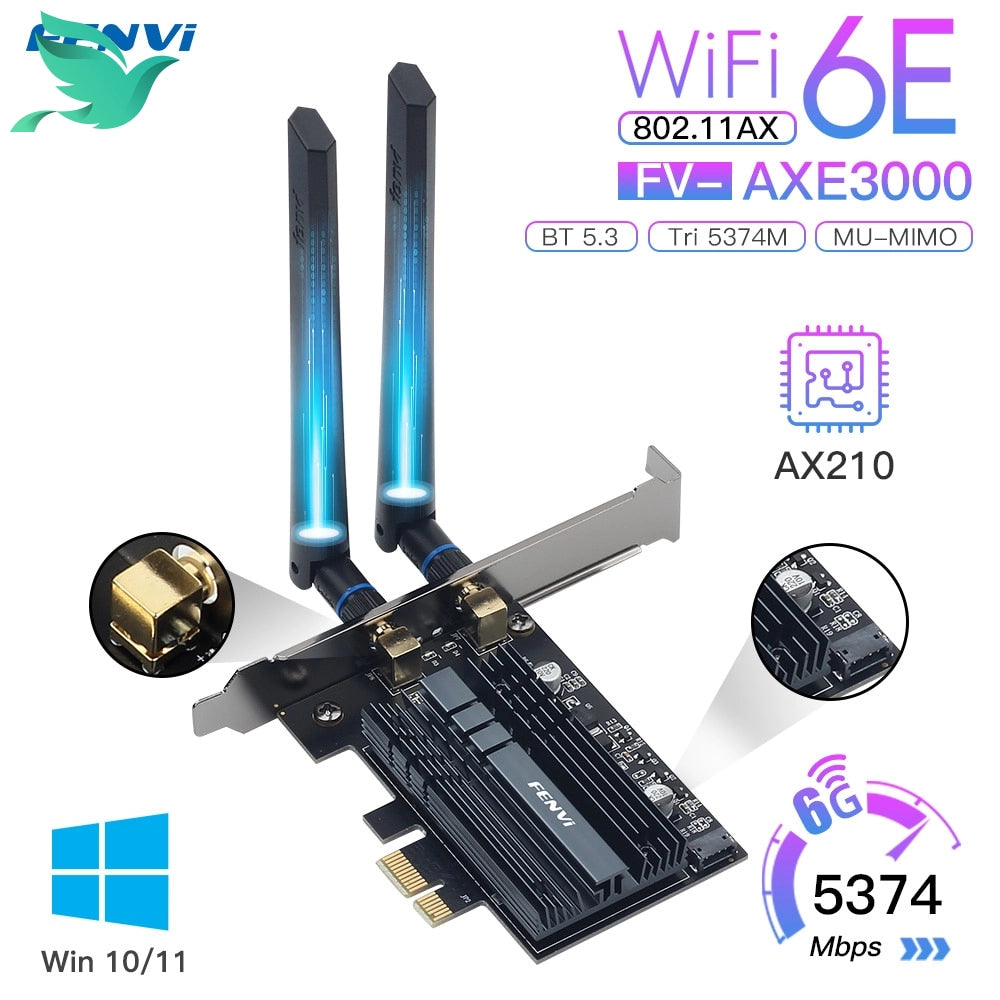 Fenvi WiFi 6E Intel AX210 PCIe Adapter - 5374Mbps, 2.4G/5G/6Ghz, Bluetooth 5.3, PC Win10