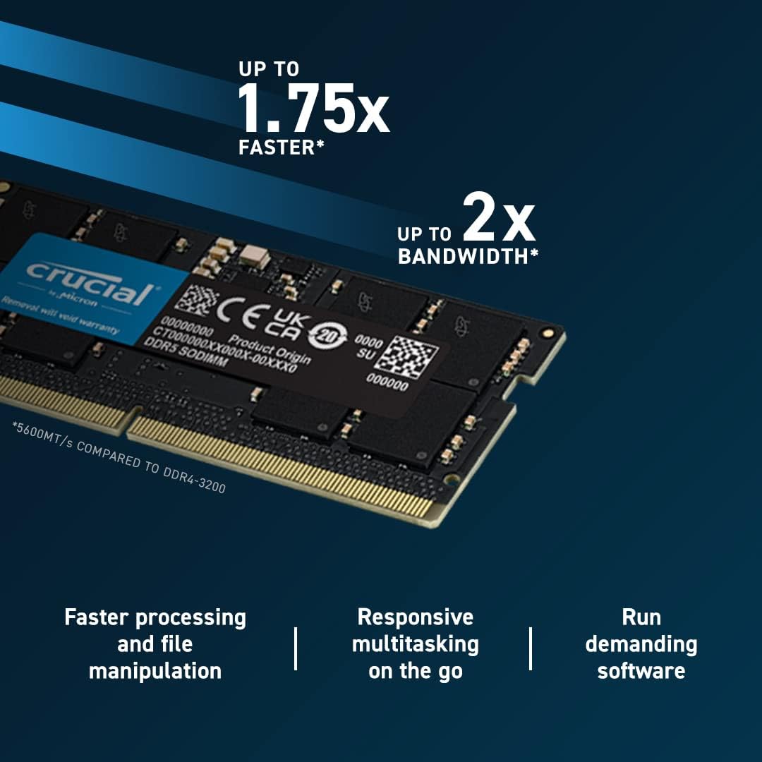 Crucial RAM 16GB DDR5 5600MHz (or 5200MHz/4800MHz) - Laptop compatible (SODIMM)  - CT16G56C46S5