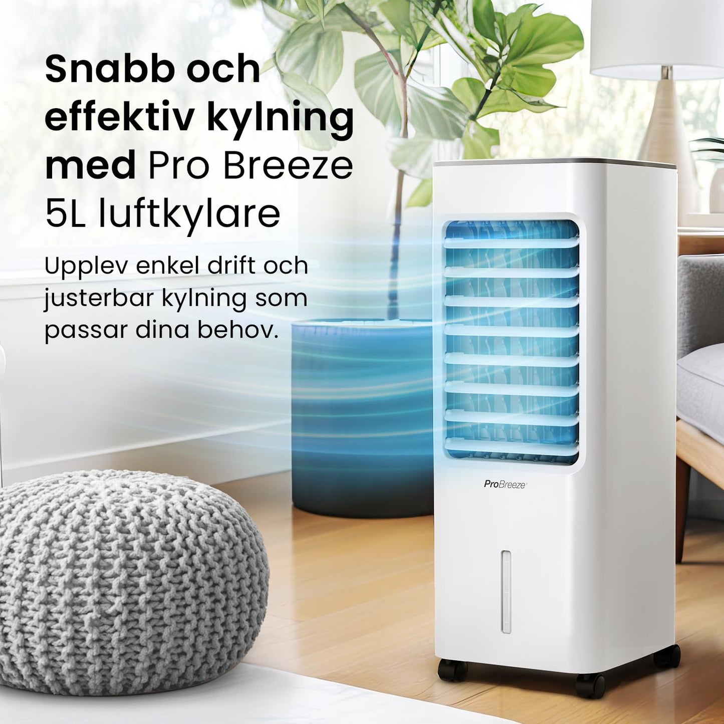 Pro Breeze 5L Portable Air Cooler with 4 Operating Modes, 3 Fan Speeds, LED Display and Remote Control, High Efficiency Evaporative Air Cooler with Built-in Timer and Automatic Oscillation