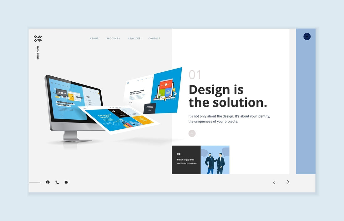 Mac computer displaying that design is the solution with paper arcs in the air.