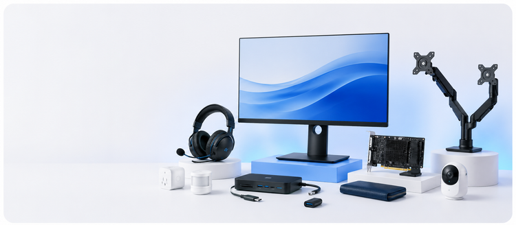Modern tech accessories displayed in a clean blue-lit studio setup.
