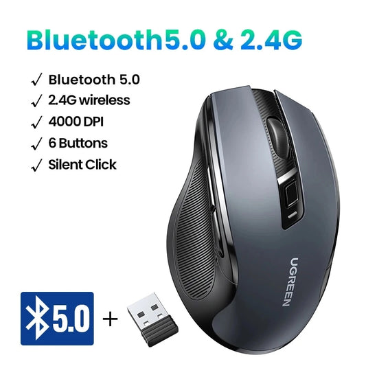 Upgrade Your Workstation with UGREEN Bluetooth5.0 Wireless Mouse - 4000DPI, 6 Mute Buttons, Dual Mode, Ergonomic Design