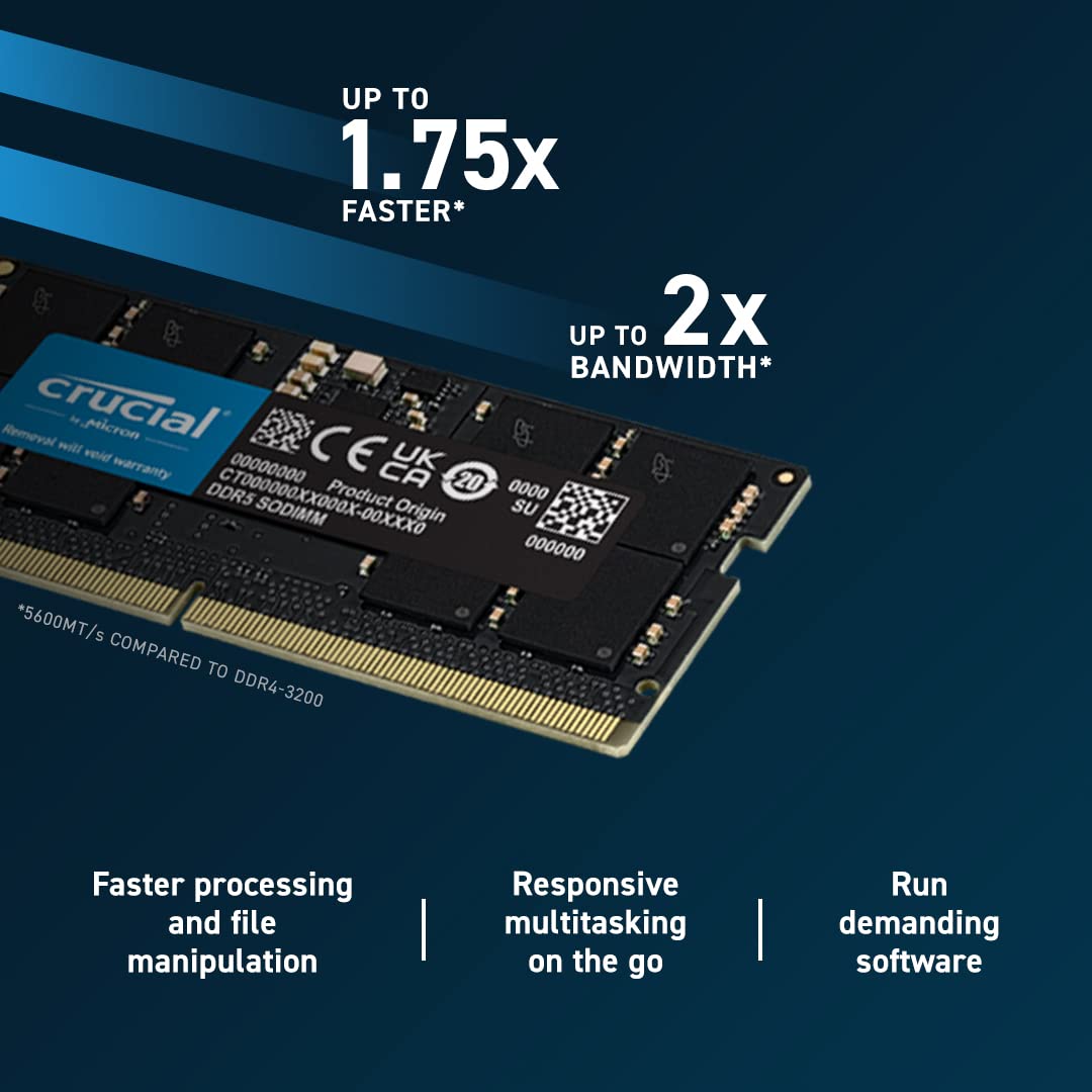 Crucial RAM 16GB DDR5 5600MHz (or 5200MHz/4800MHz) - Laptop compatible (SODIMM)  - CT16G56C46S5