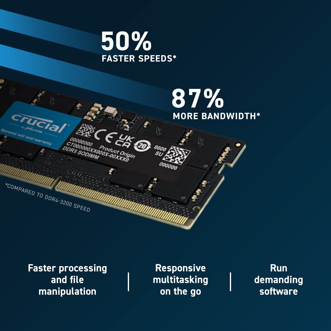 Crucial RAM 16GB DDR5 5600MHz (or 5200MHz/4800MHz) - Laptop compatible (SODIMM)  - CT16G56C46S5
