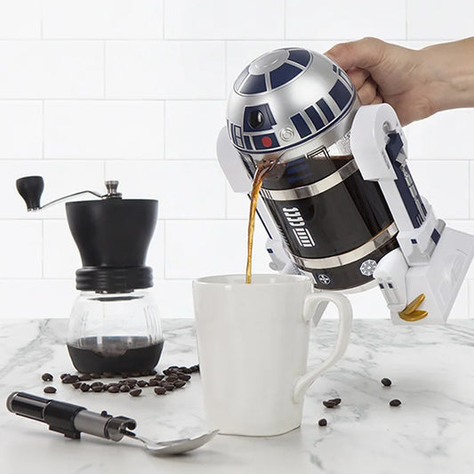 Cute Robot French Press Coffee maker in action tilted