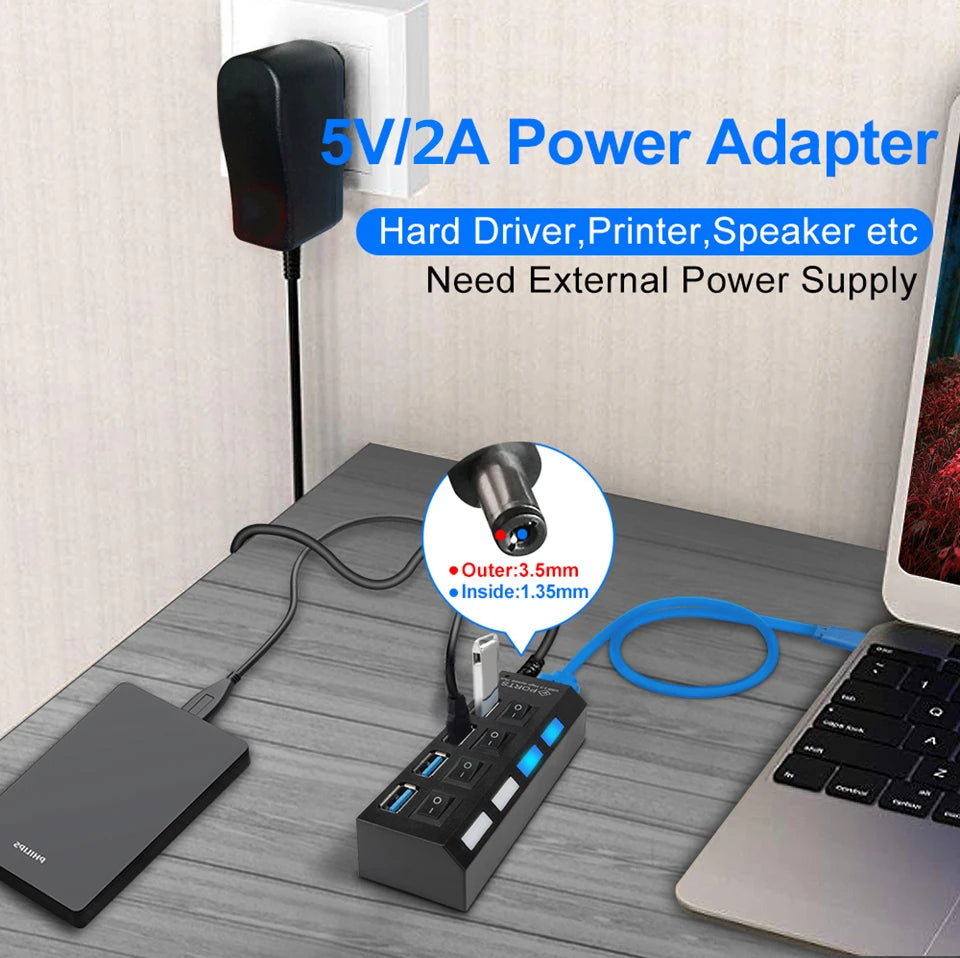 Multi USB Hub 3.0 | USB Splitter with Power Adapter | Swiftwintek