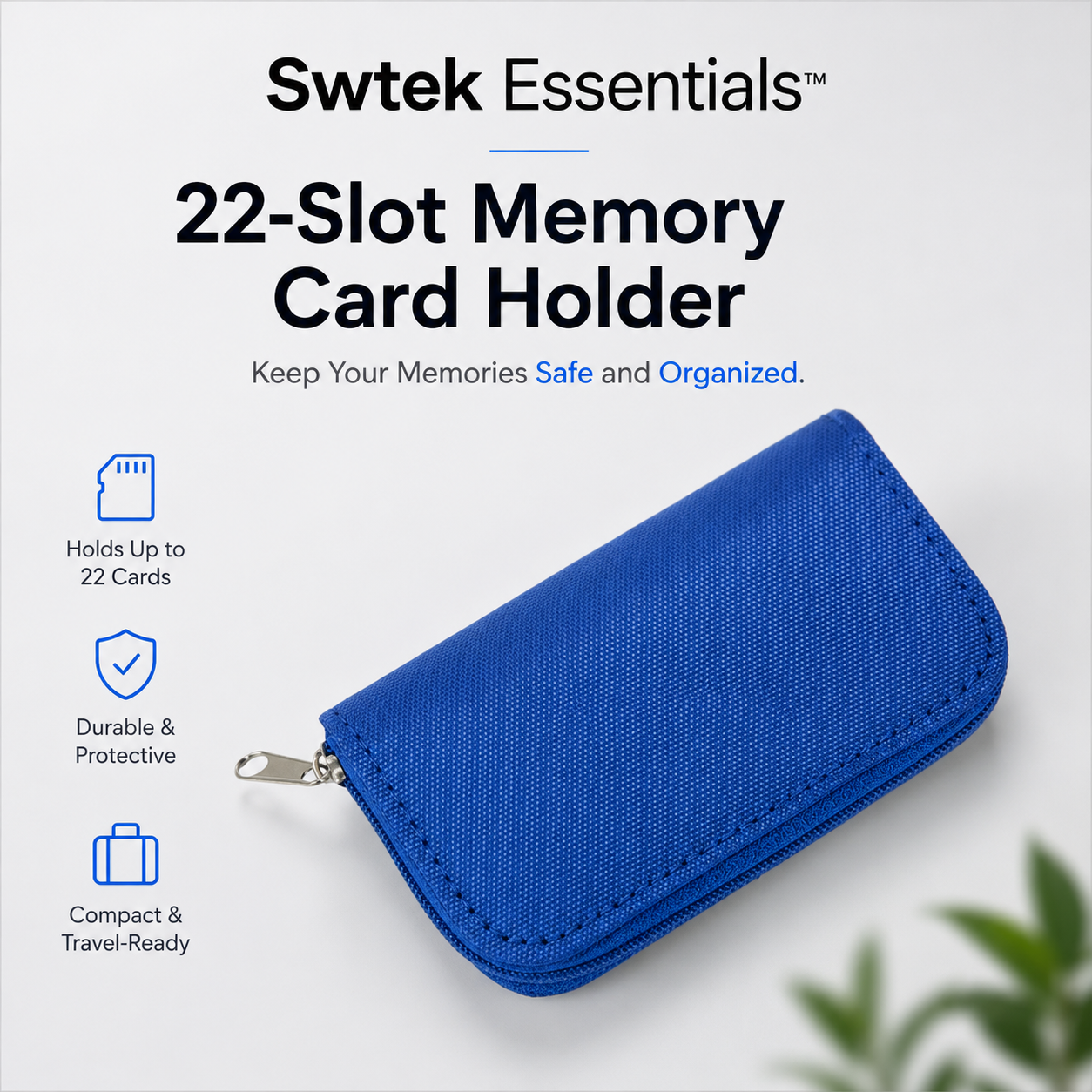 A blue fabric zippered card holder with 22 slots, shown on a white background with promotional text and feature icons for Swtek Essentials.